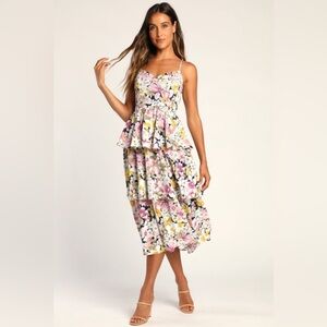 Lulu's Floral Print Tiered Riffle Midi Dress